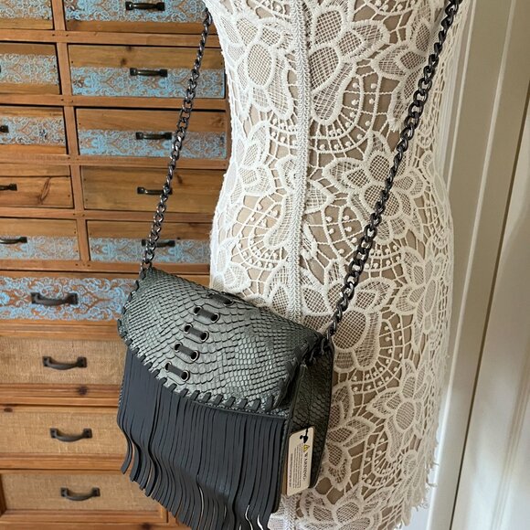 Animal Print Embossed W/ Fringe / Tassel Crossbody Bag - Boho - Gray - NWT - Picture 4 of 10